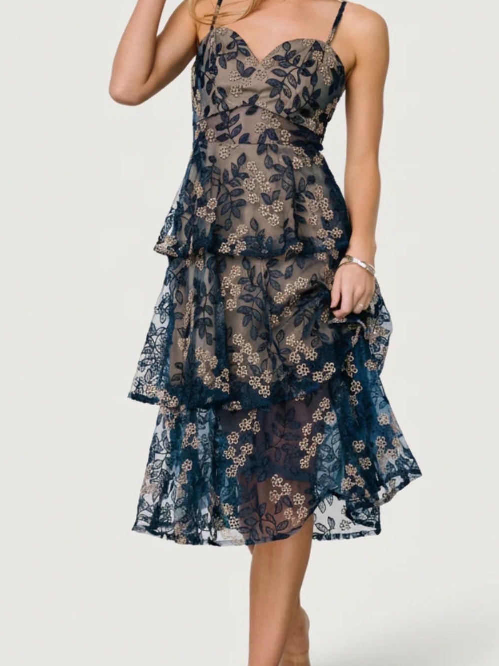 Baltic Born Georgiana Embroidered Midi  Navy Floral Tiered Mesh Dress Medium NWT